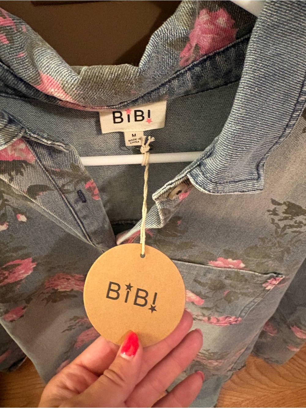 BIBI women’s ' Pink Floral Denim Button-Up Shirt - Picture 2 of 3